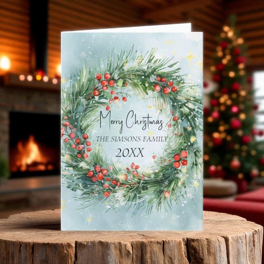 水彩クリスマスリース冬の緑 シーズンカード