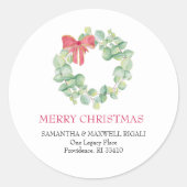 水彩クリスマスリース差出人住所 ラウンドシール (正面)