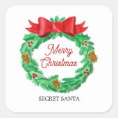 水彩クリスマスリース パーソナライズされた スクエアシール (正面)