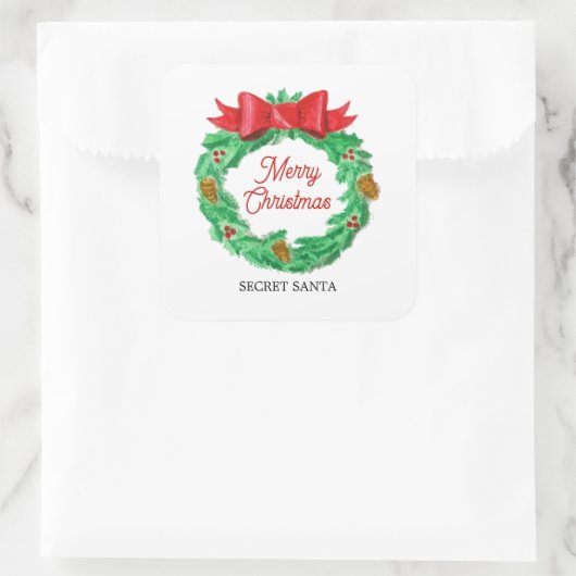 水彩クリスマスリース パーソナライズされた スクエアシール (バッグ)
