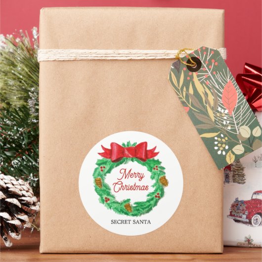 水彩クリスマスリース パーソナライズされた スクエアシール (クリスマス)