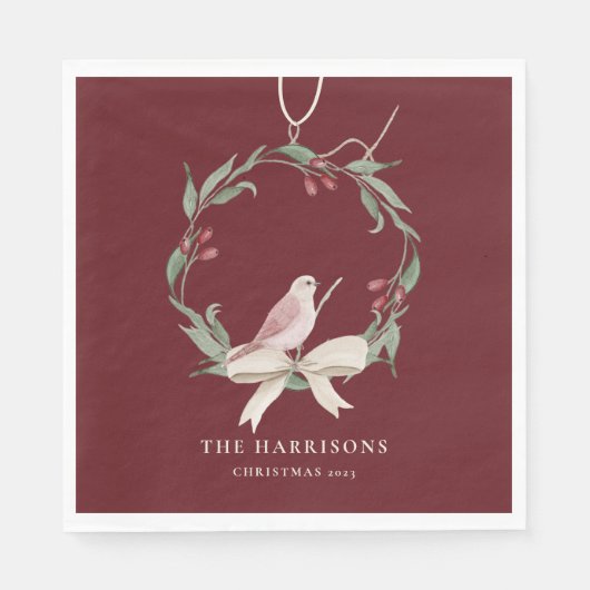 水彩クリスマスリース パーソナライズされた スタンダードランチョンナプキン (正面)