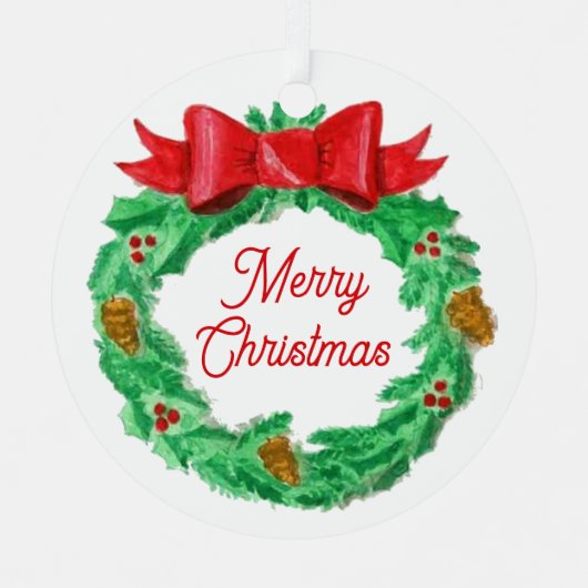 水彩クリスマスリース パーソナライズされた メタルオーナメント (正面)