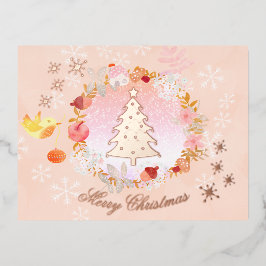 水彩クリスマスリース。ピンク.カスタマイズ. 箔シーズンポストカード