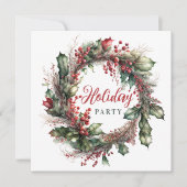 水彩クリスマスリース 赤 緑 花 招待状 (正面)