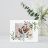 水彩クリスマスリーフとホリーフレーム写真 シーズンポストカード (スタンド正面)