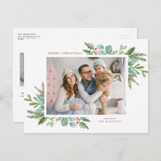 水彩クリスマスリーフとホリーフレーム写真 シーズンポストカード (正面/裏面)