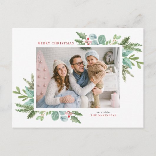 水彩クリスマスリーフとホリーフレーム写真 シーズンポストカード (正面)