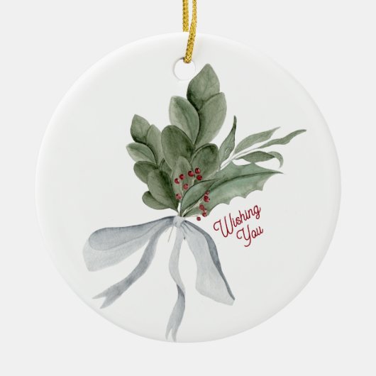 水彩クリスマスリーフパーソナライズされた セラミックオーナメント (正面)