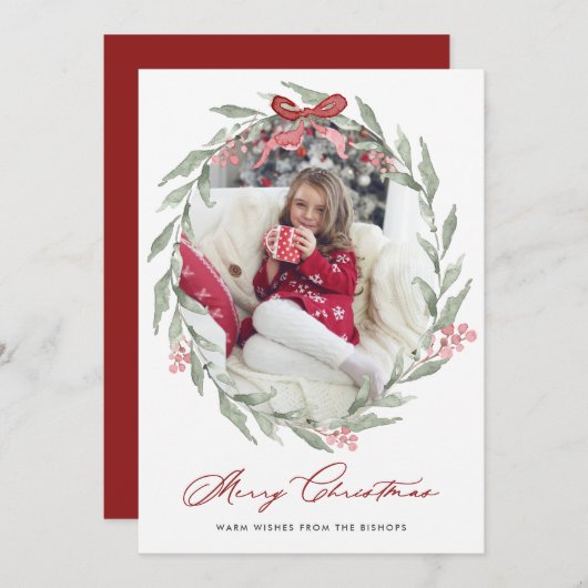 水彩クリスマスリーフリース写真 シーズンカード (正面/裏面)