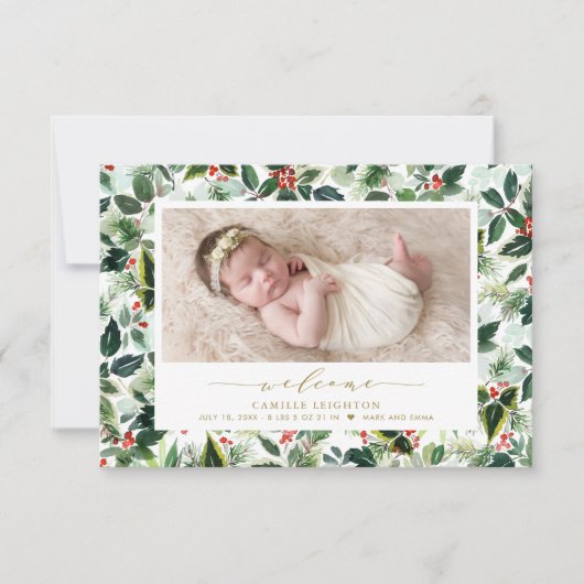 水彩クリスマスリーフ模様写真誕生 案内状 (正面)