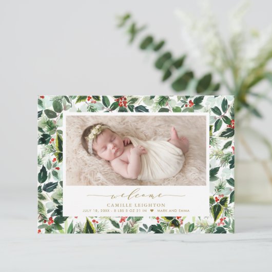 水彩クリスマスリーフ模様写真誕生 案内状 (スタンド正面)