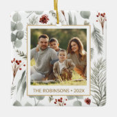 水彩クリスマスリーフ金ゴールドタイポグラフィ写真 セラミックオーナメント (正面)