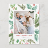 水彩クリスマスリーフ&ホリーホリデーフォト シーズンポストカード (正面)