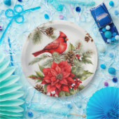 水彩クリスマスレッド（鳥）ショウジョウコウカンチョウとポインセチア ペーパープレート (パーティー)
