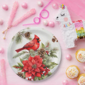 水彩クリスマスレッド（鳥）ショウジョウコウカンチョウとポインセチア ペーパープレート (パーティー)
