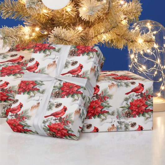 水彩クリスマスレッド（鳥）ショウジョウコウカンチョウポインセチア ラッピングペーパー (クリスマス)
