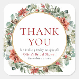 水彩クリスマス冬赤金ブライダルシャワー スクエアシール