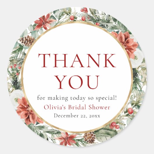 水彩クリスマス冬赤金色のウェディングシャワー ラウンドシール (正面)