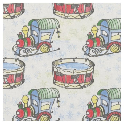 水彩クリスマス列車とドラムの手を描いた ファブリック (クローズアップ)