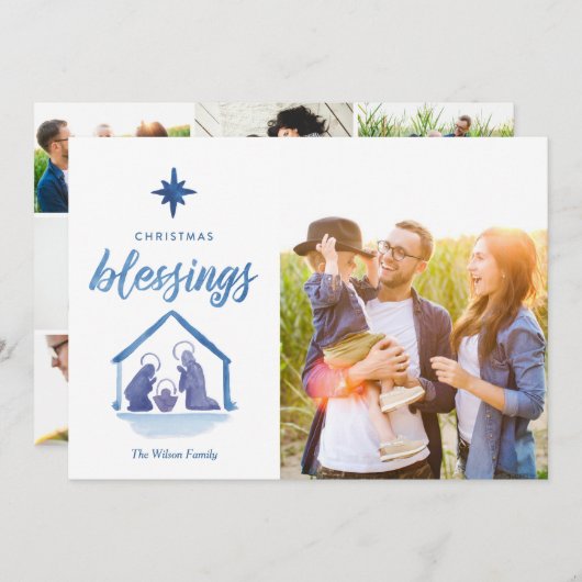 水彩クリスマス恵み出生フォトグリッド シーズンカード (正面/裏面)