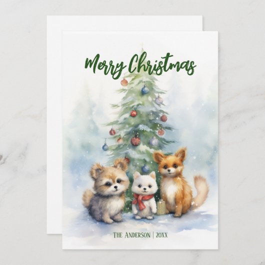 水彩クリスマス愛らしい動物カード 招待状 (正面/裏面)