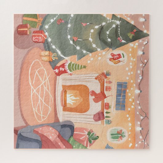 水彩クリスマス暖炉カード ジグソーパズル (横)