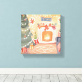 水彩クリスマス暖炉 キャンバスプリント (インサイチュ (ウッドフロア))