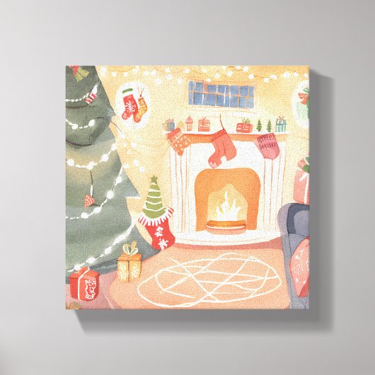 水彩クリスマス暖炉 キャンバスプリント (正面)