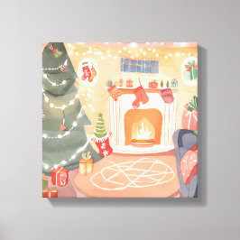水彩クリスマス暖炉 キャンバスプリント