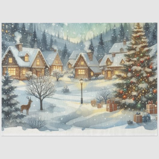 水彩クリスマス村とトナカイ 薄葉紙 (正面)