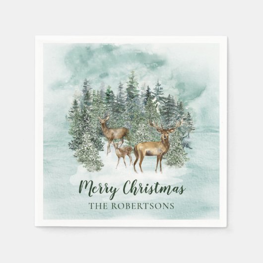 水彩クリスマス素朴森林樹林鹿 スタンダードカクテルナプキン (正面)