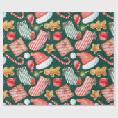 水彩クリスマス贈り物、ジンジャーブレッドキャンディーケーン  ラッピングペーパー (フラット)