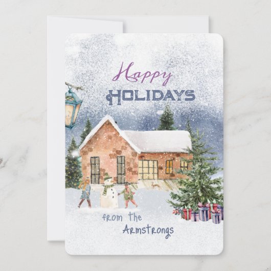 水彩クリスマス雪だるまファミリーシーン シーズンカード (正面)
