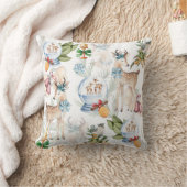 水彩クリスマス鹿と冬の鳥 クッション (ブランケット)