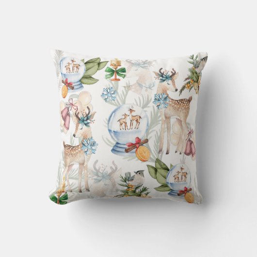 水彩クリスマス鹿と冬の鳥 クッション (正面)