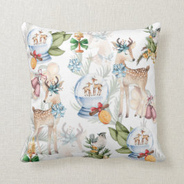 水彩クリスマス鹿と冬の鳥 クッション