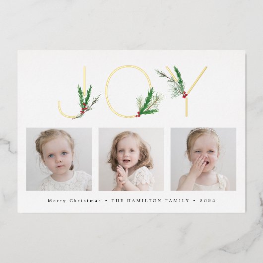 水彩クリスマス 植物の喜び 3つの写真付き 箔シーズンカード (正面)