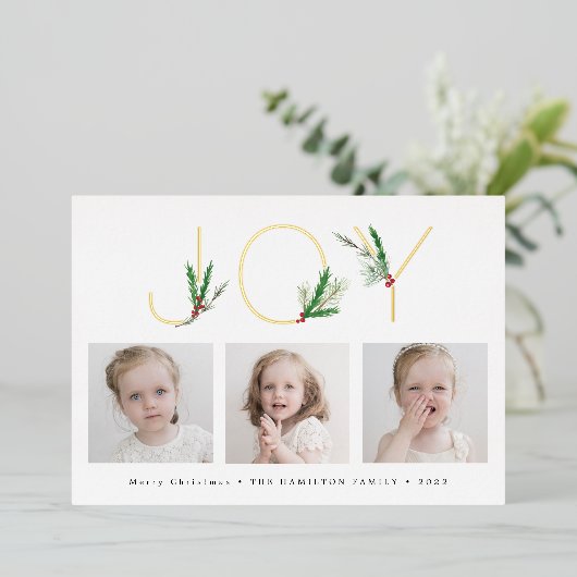 水彩クリスマス　植物の喜び　3つの写真付き 箔シーズンカード (立ち正面)