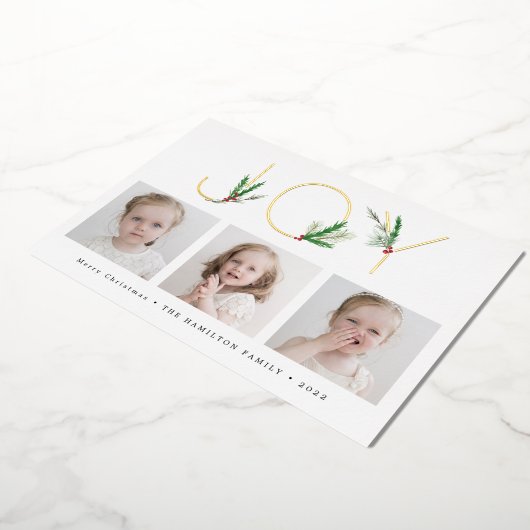 水彩クリスマス　植物の喜び　3つの写真付き 箔シーズンカード (回転した状態)