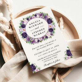 水彩クリームとパープルの花輪のウェディング 招待状