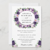 水彩クリームとパープルの花輪のウェディング 招待状 (正面)