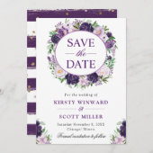 水彩クリームとパープルの花輪の結婚式 セーブザデート (正面/裏面)