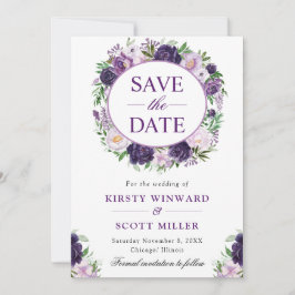 水彩クリームとパープルの花輪の結婚式 セーブザデート