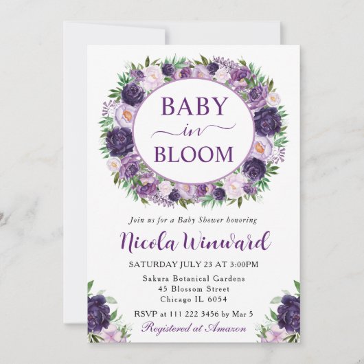 水彩クリームと紫のリースベビーシャワー 招待状 (正面)