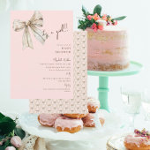 水彩クリームボウピンク 女の子の赤ちゃん歓迎会 招待状