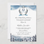 水彩クレストと山、ほこりっぽいブルー結婚ズ 招待状 (正面)