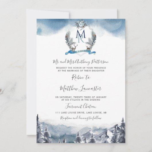 水彩クレストと山、ほこりっぽいブルー結婚ズ 招待状 (正面)