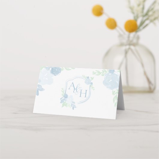 水彩クレスト青結婚のエスコートカード プレイスカード (裏面)