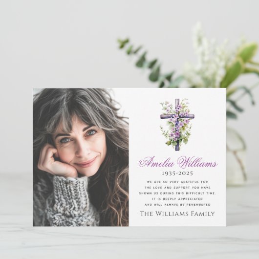 水彩クロスフラワー悔やみや弔慰写真感謝していあなた サンキューカード (スタンド正面)